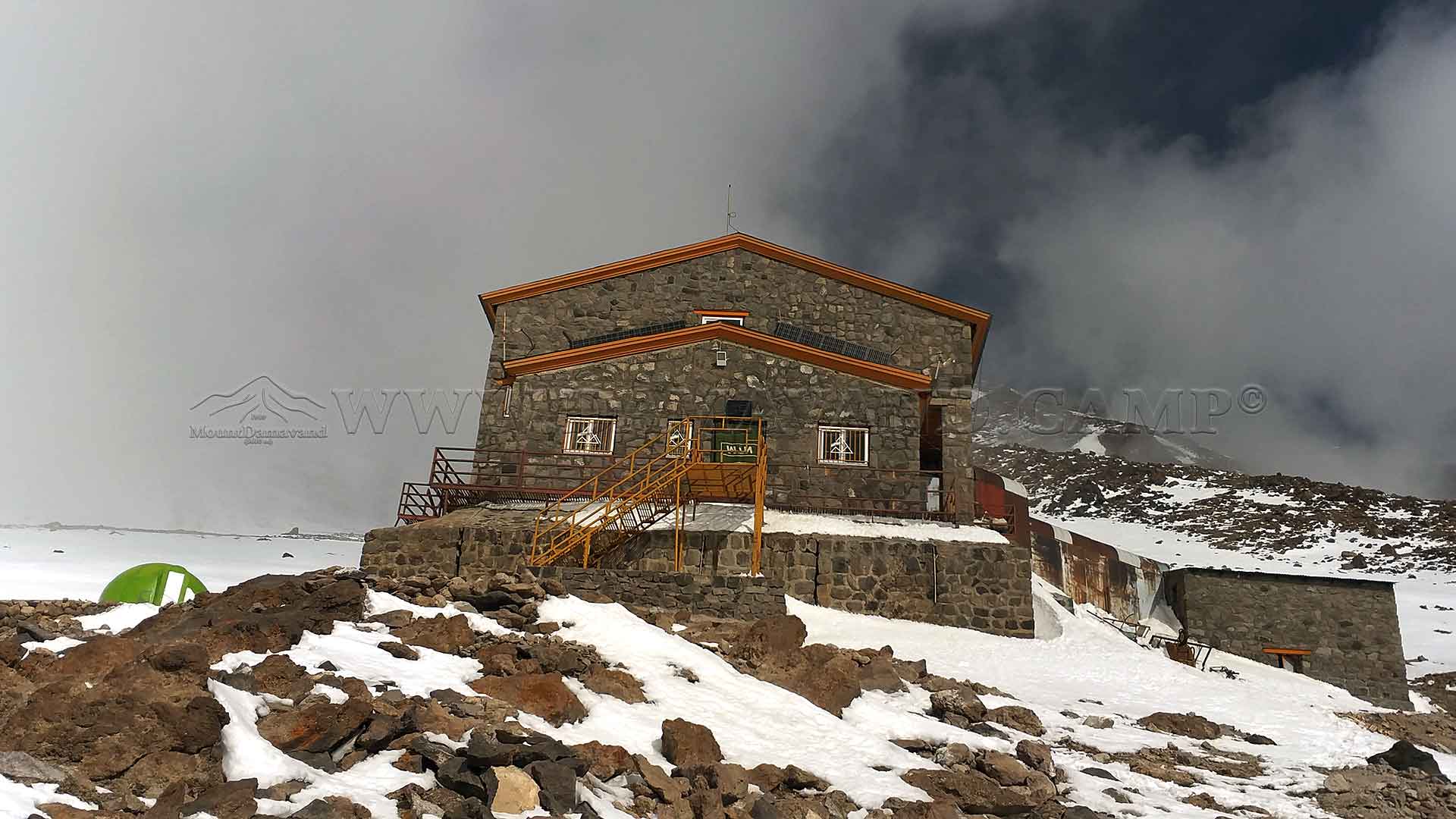 The new hut at Damavand Camp III lightly dusted with snow.